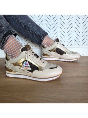 🤩 Michael Kors Wilma Trainer Sz 5.5 Womens Sneakers Brown Gold Casual ComfShoes